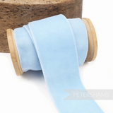 Petershams Millinery Supplies 38mm wide light blue vintage velvet ribbon on a wooden spool