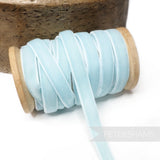 Petershams Millinery Supplies 10mm light blue vintage rayon velvet ribbon on a wooden spool
