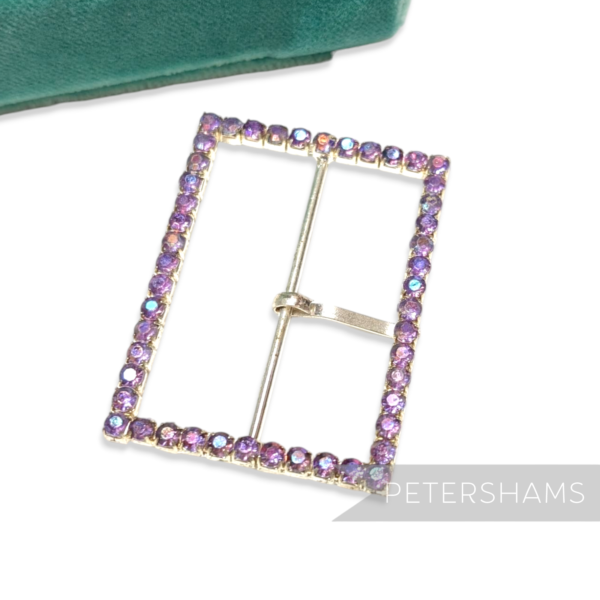 Petershams Millinery Supplies rectangular silver metal buckle featuring iridescent lilac diamante crystals.