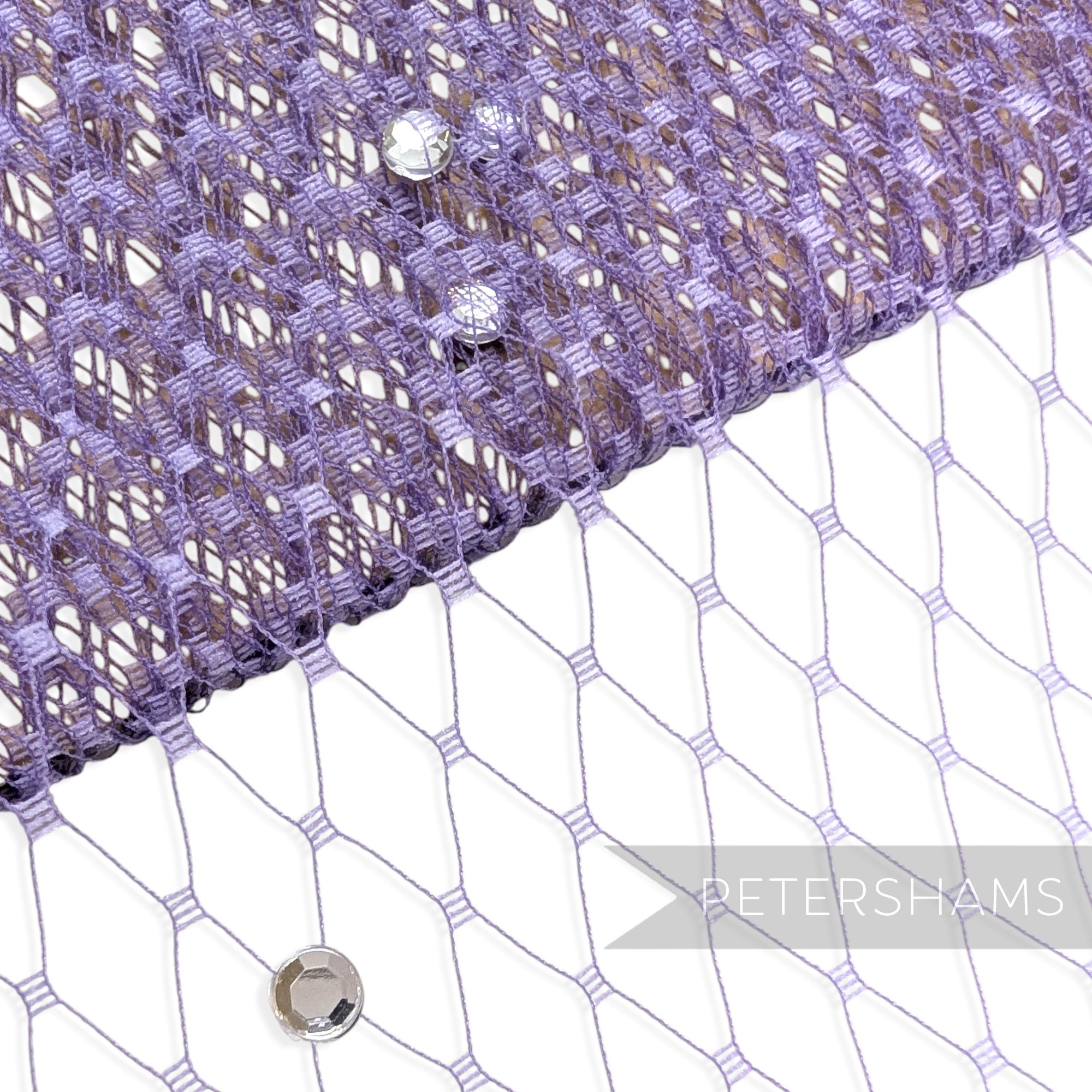 Petershams Millinery Supplies lilac diamond-pattern veiling embellished with clear acrylic diamantes for millinery.