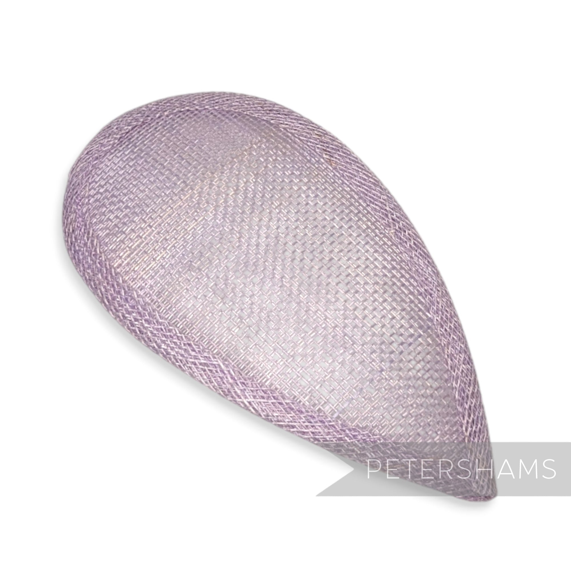 Petershams Millinery Supplies teardrop shaped lilac sinamay hat base with wired edges for millinery projects.