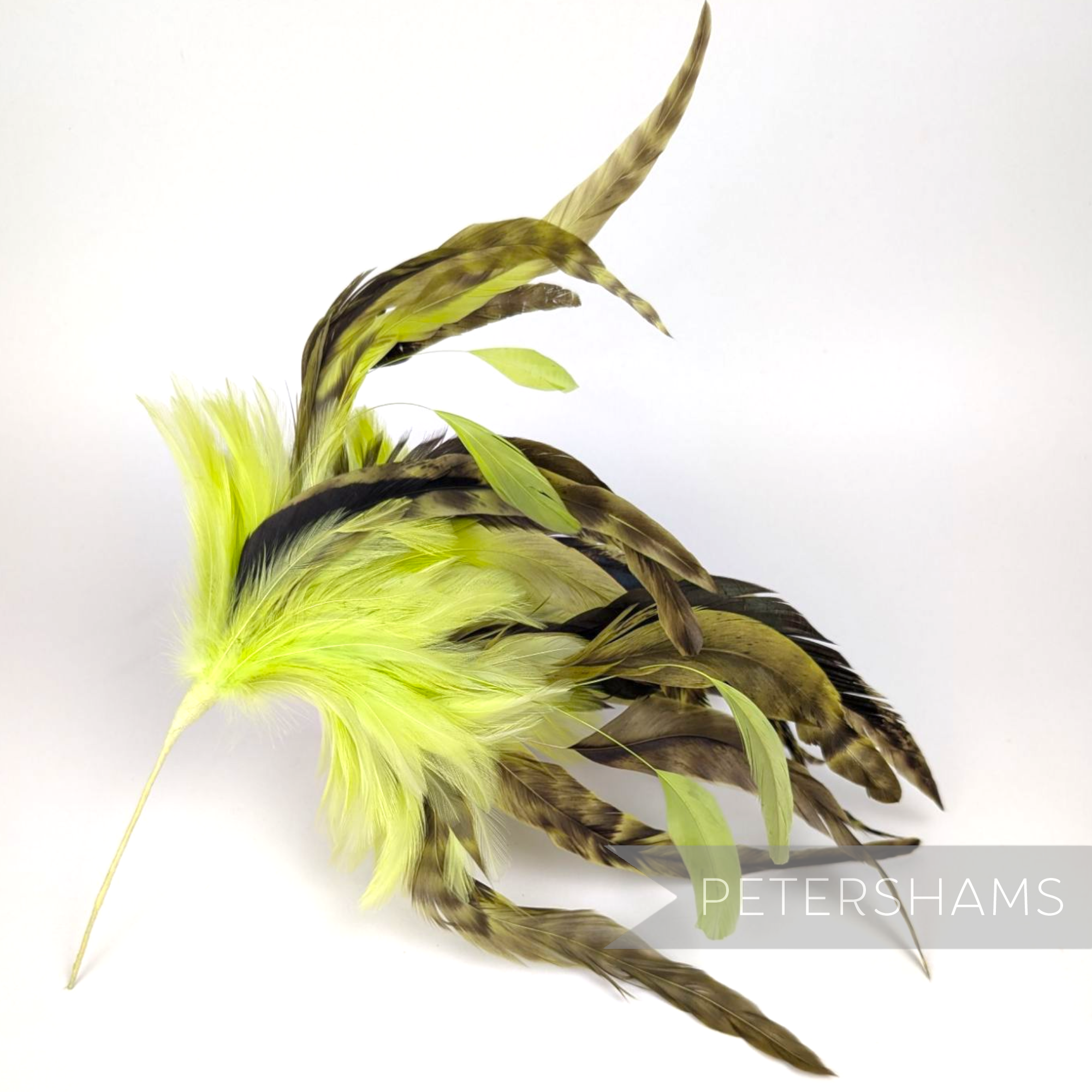 Petershams Millinery Supplies extra large feather hat mount with lime green hackle and chinchilla pattern coque