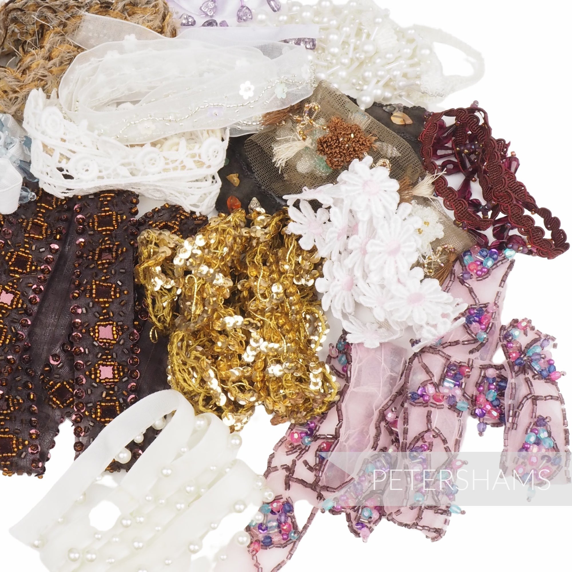 Petershams Millinery Supplies lucky dip pack featuring a variety of beaded, sequin, lace, and embroidered trim remnants.