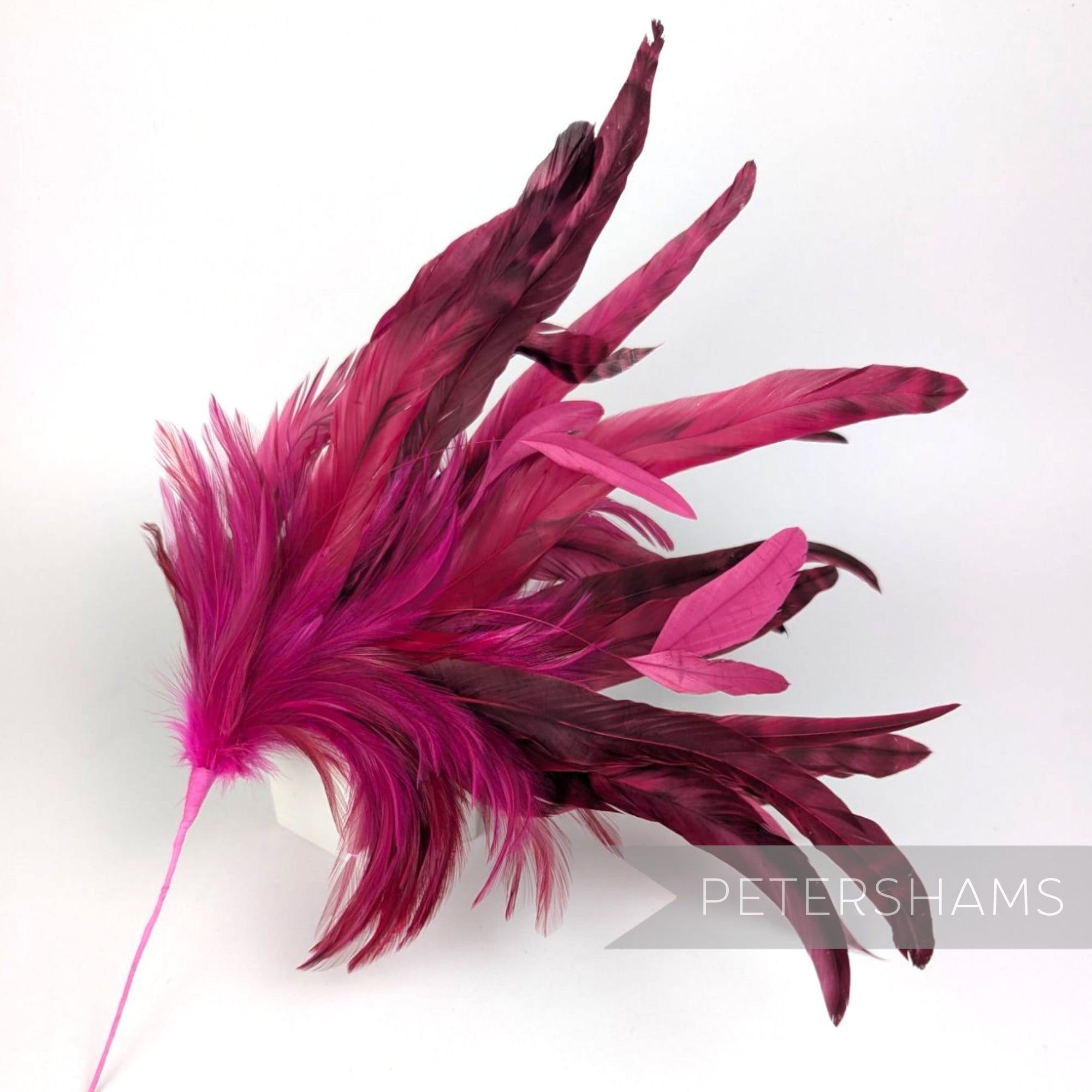 Petershams Millinery Supplies extra large magenta coque and hackle feather hat mount with chinchilla pattern
