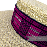 Petershams Millinery Supplies woven wool hat band in magenta and black with silver lurex detail on a straw hat