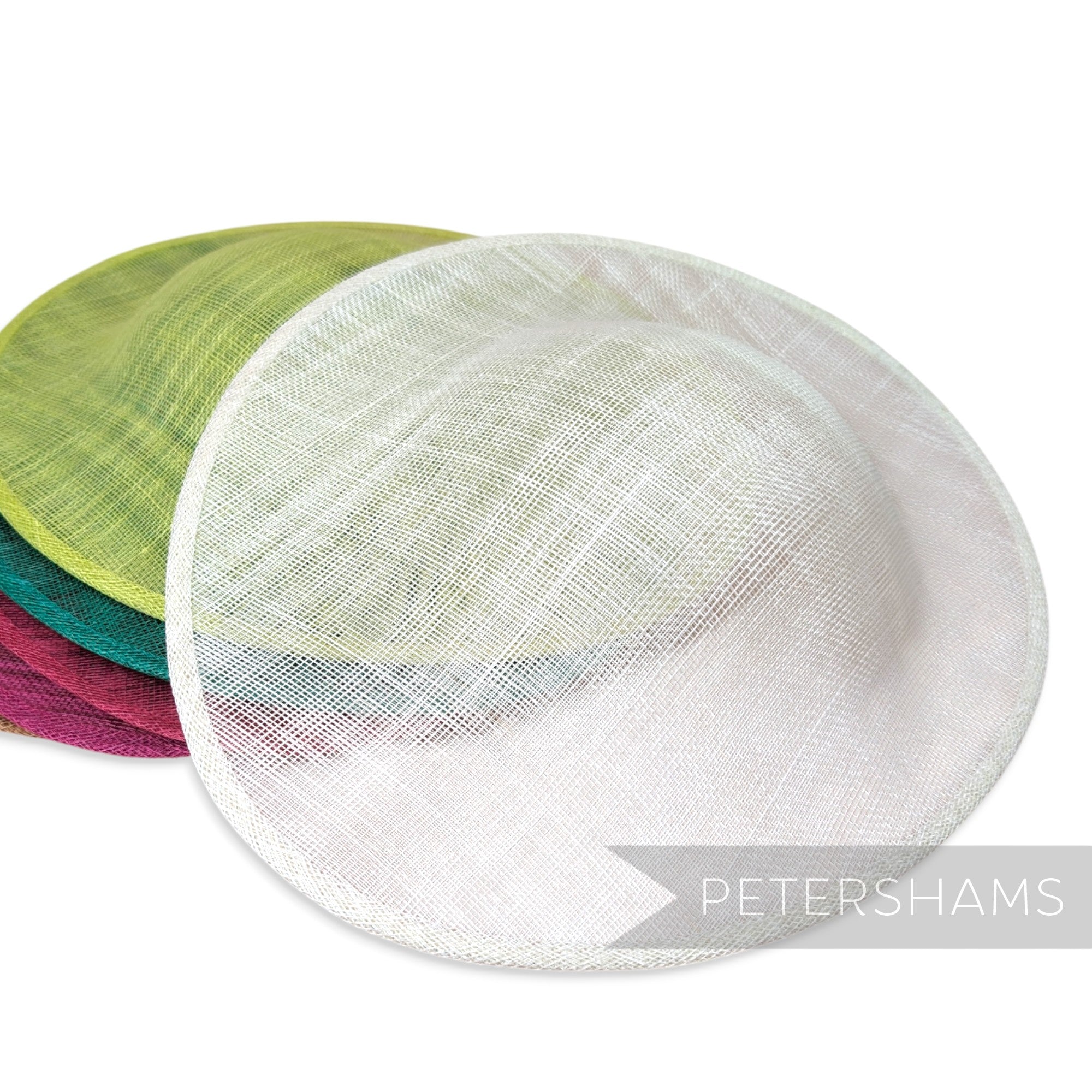 Petershams Millinery Supplies Maggie oval sinamay fascinator hat bases in white, lemon lime, emerald, and fuchsia.