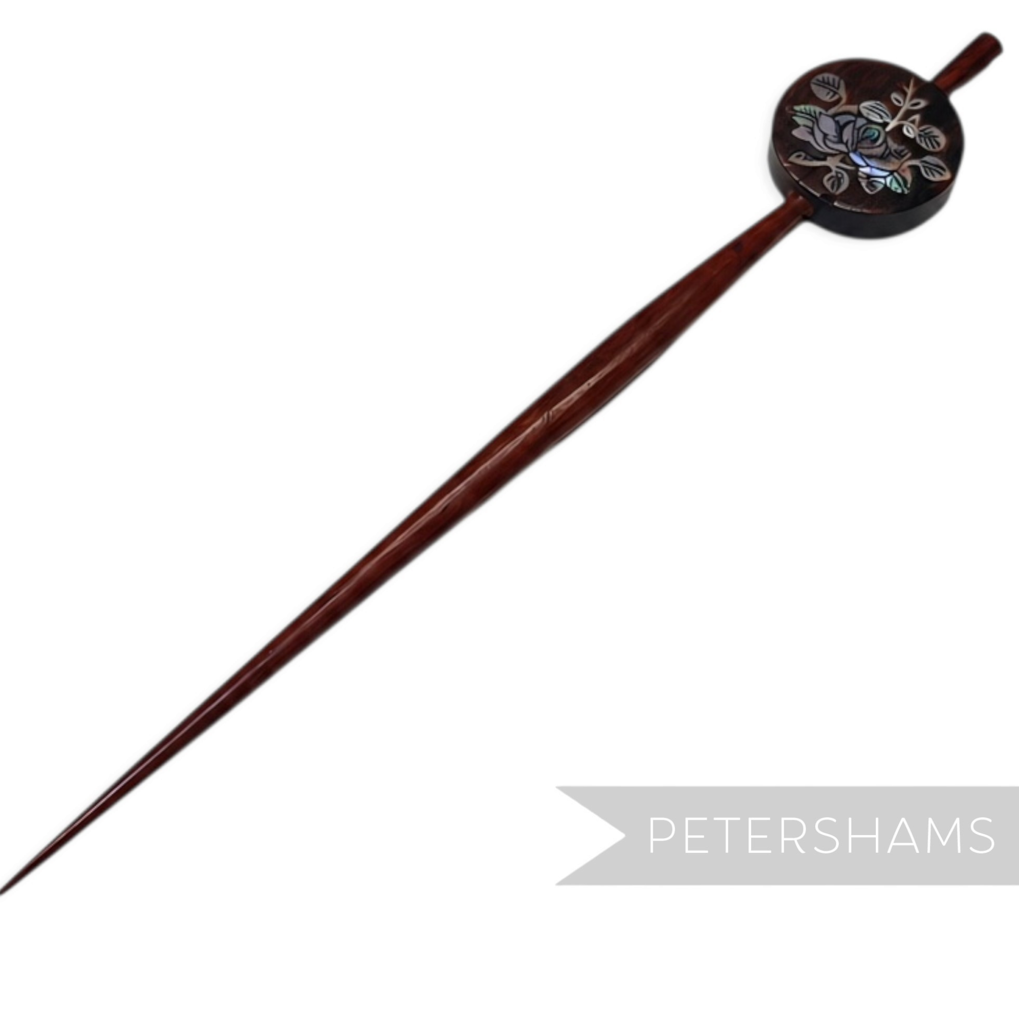 Petershams Millinery Supplies vintage mahogany wood hair stick pin with inlaid mother-of-pearl floral motif