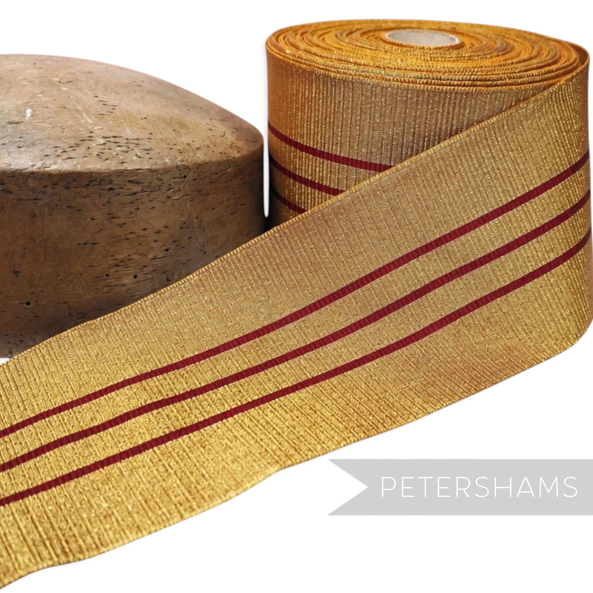 Petershams Millinery Supplies vintage 95mm metallic gold and burgundy woven ribbon for regalia and millinery