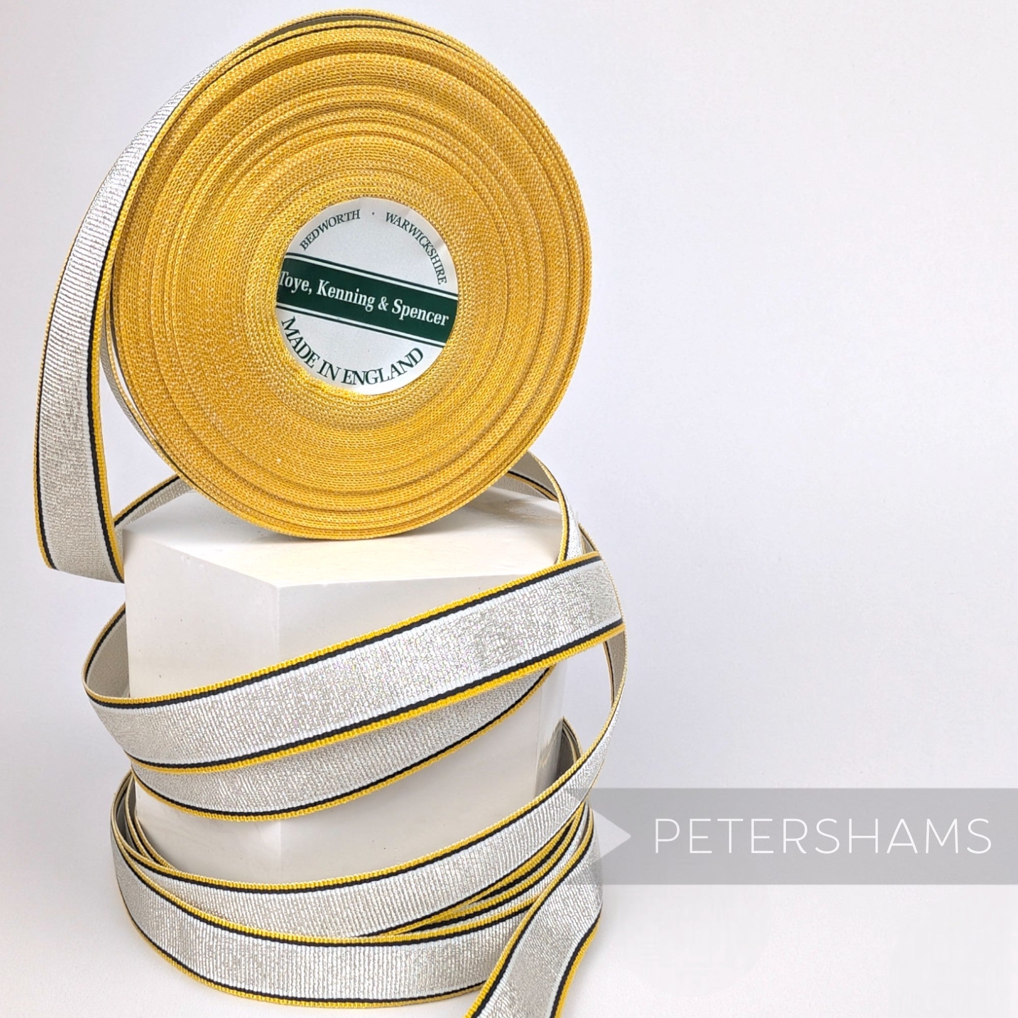 Petershams Millinery Supplies vintage 16mm metallic lurex striped grosgrain ribbon in silver and gold on a spool.