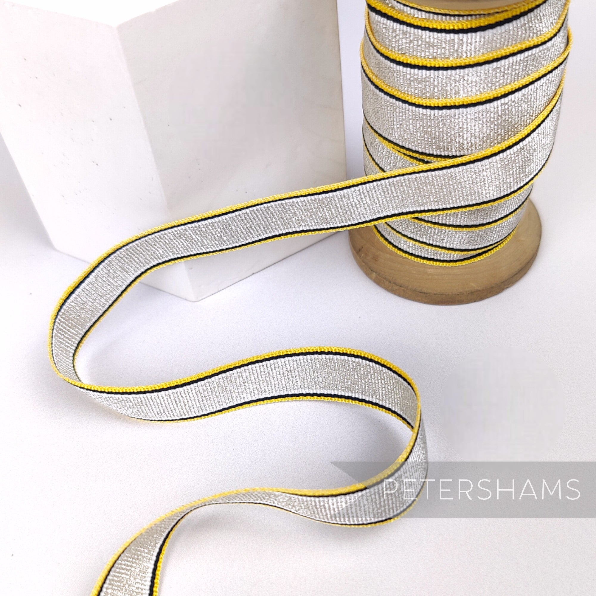 Petershams Millinery Supplies vintage 16mm silver metallic lurex grosgrain ribbon with yellow and black stripes