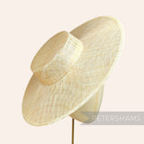 Petershams Millinery Supplies metallic lurex sinamay boater hat base in a natural straw colour with a wide brim