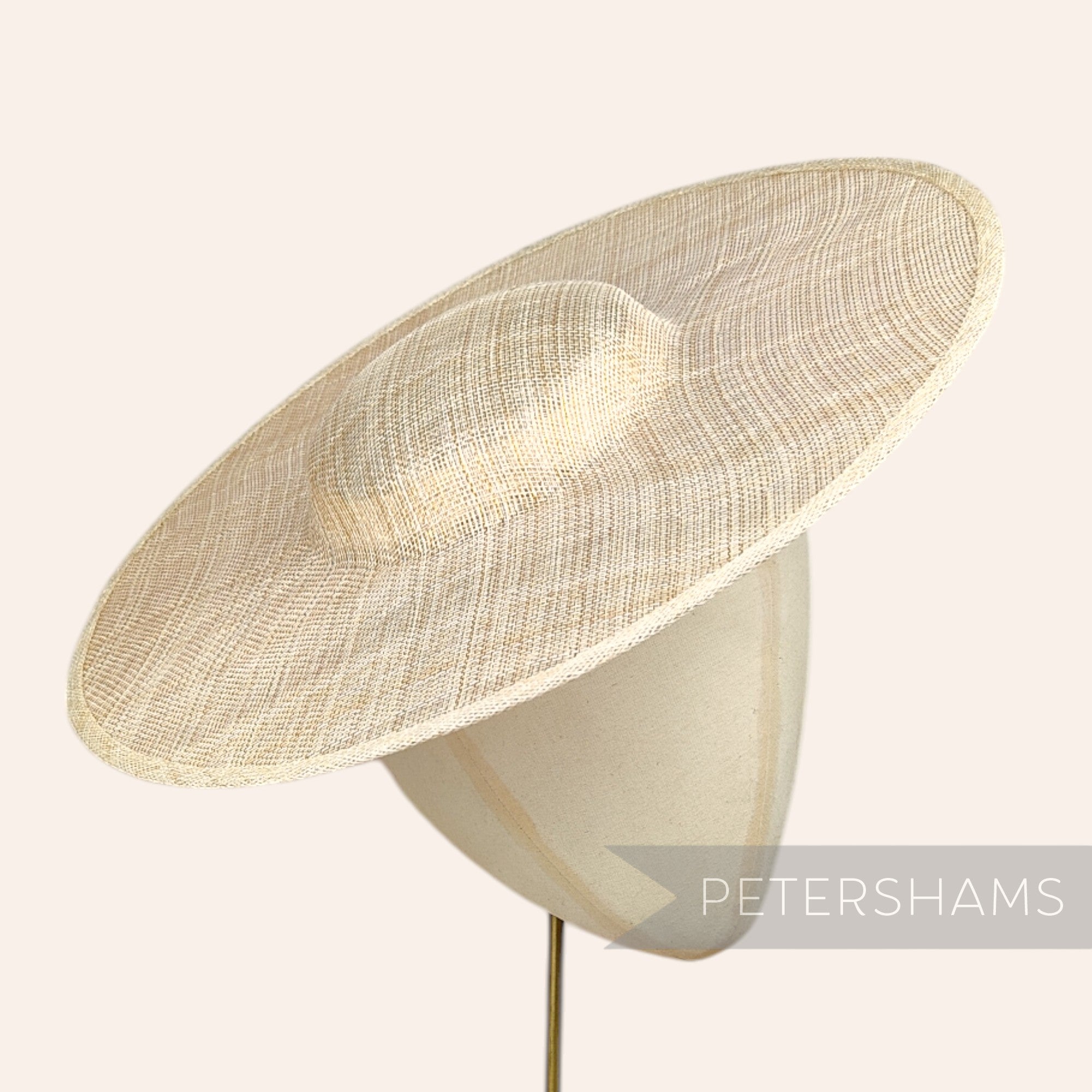 Petershams Millinery Supplies metallic lurex sinamay cartwheel fascinator hat base in a blush with gold