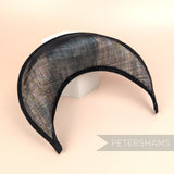 Petershams Millinery Supplies black metallic lurex sinamay halo crown fascinator hat base with a domed crescent shape.