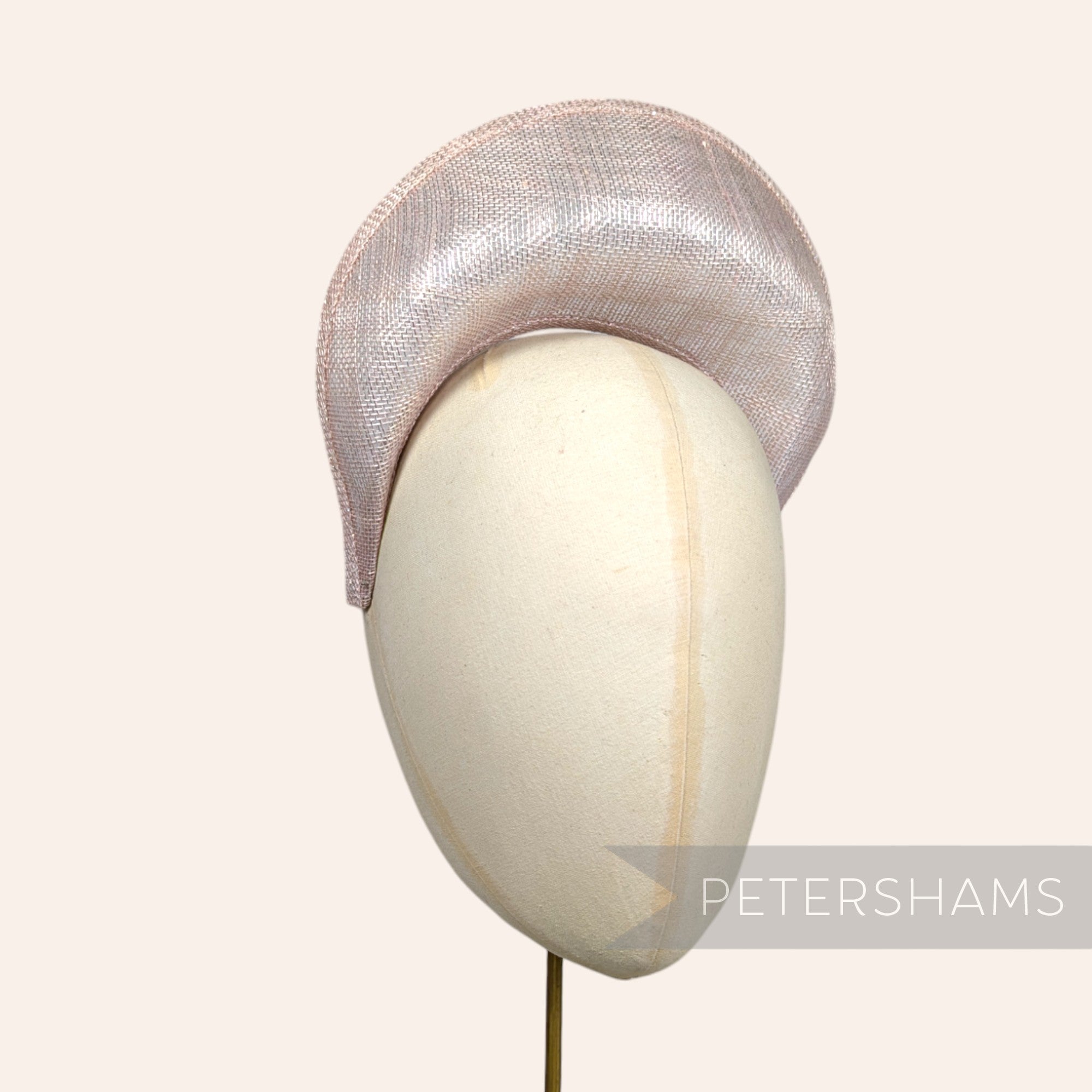 Petershams Millinery Supplies metallic lurex sinamay halo crown fascinator hat base in a shimmering rose with silver