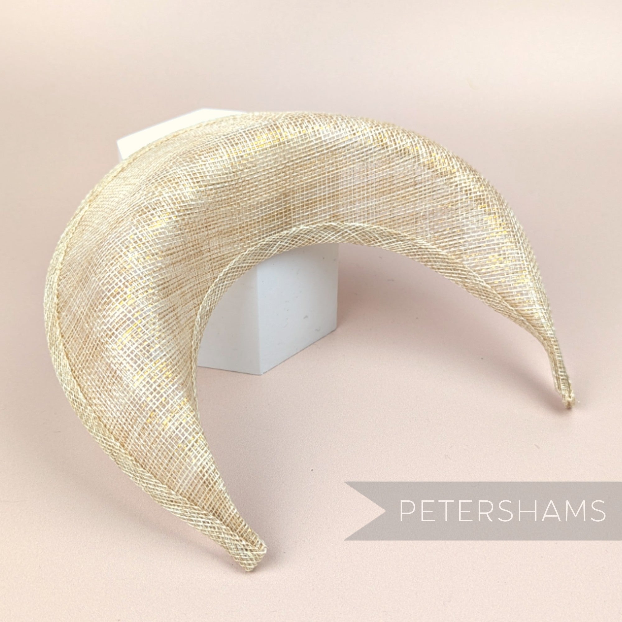 Petershams Millinery Supplies metallic lurex sinamay halo crown fascinator hat base in a crescent moon shape
