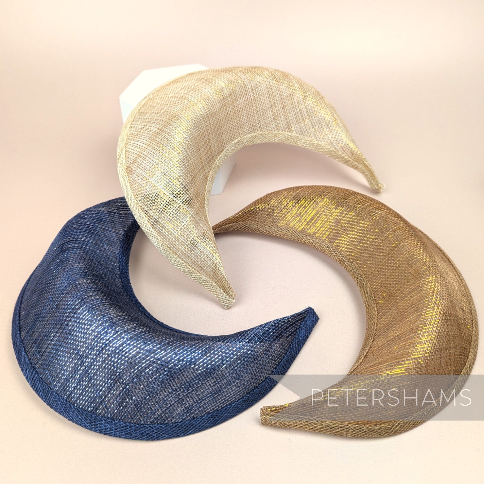 Petershams Millinery Supplies metallic lurex sinamay halo crown fascinator hat bases in range of colours