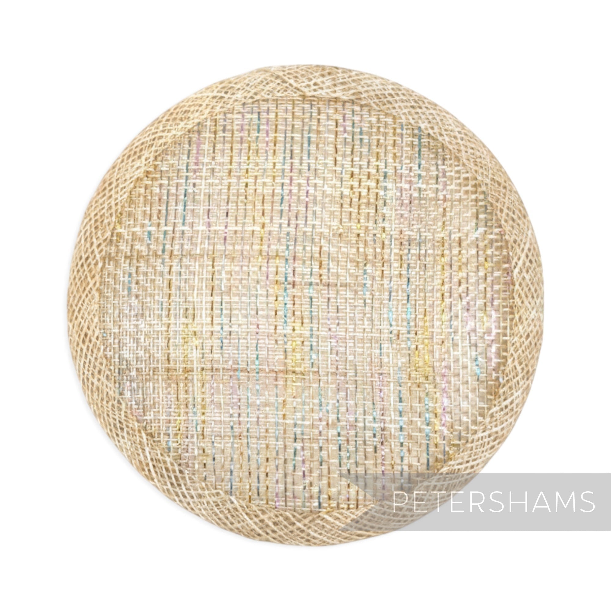 Petershams Millinery Supplies 10.5cm round metallic lurex sinamay fascinator base in a natural woven texture.