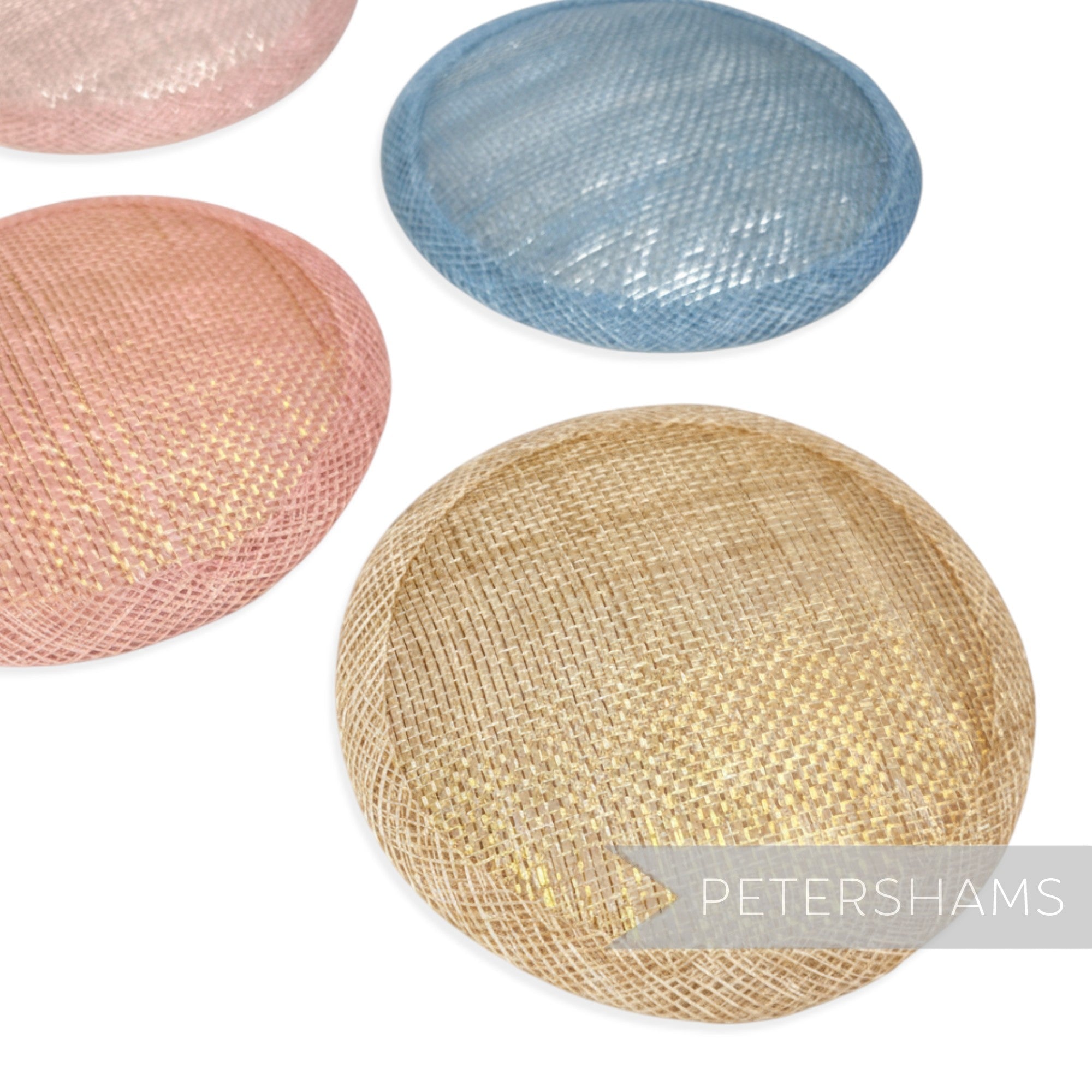 Petershams Millinery Supplies round 10.5cm metallic lurex sinamay fascinator bases in pink, blue, and gold