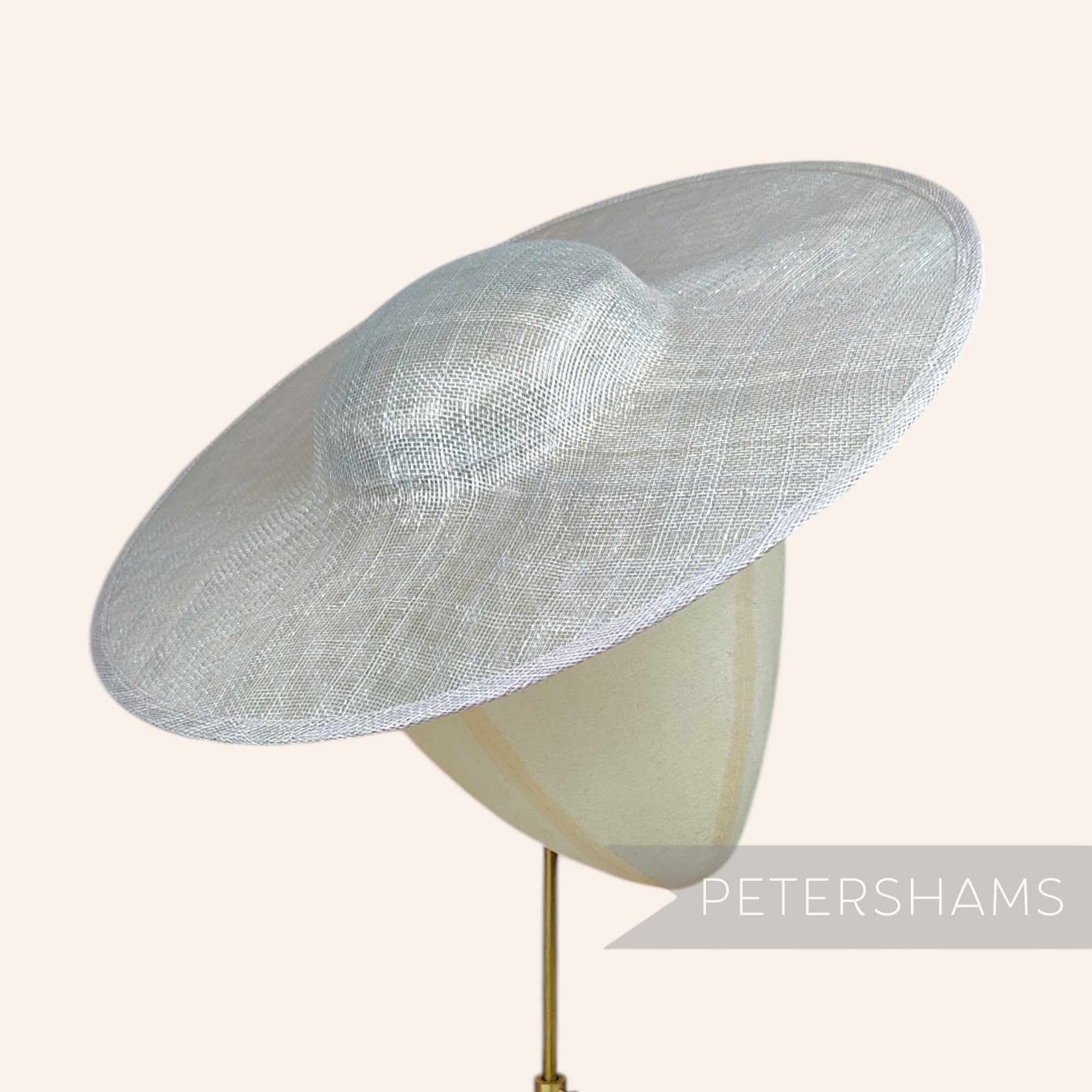 Petershams Millinery Supplies metallic lurex sinamay cartwheel fascinator hat base in pale grey with silver