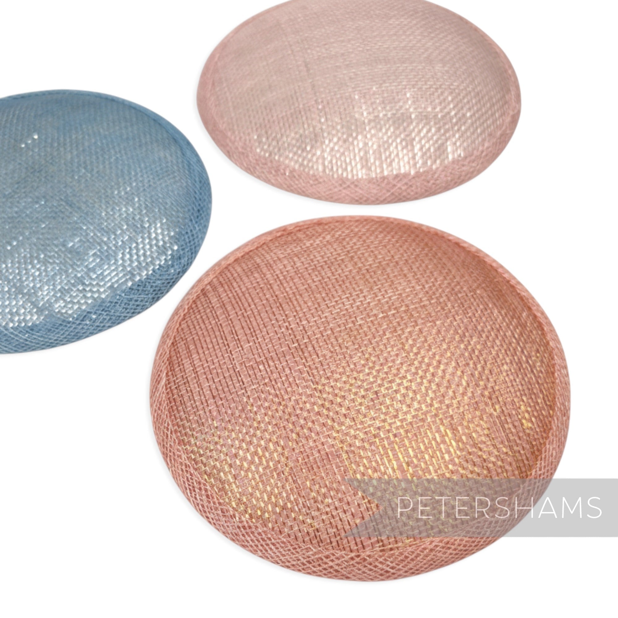 Petershams Millinery Supplies round metallic lurex sinamay fascinator bases in blue, pink, and rose gold