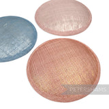 Petershams Millinery Supplies round metallic lurex sinamay fascinator bases in blue, pink, and rose gold
