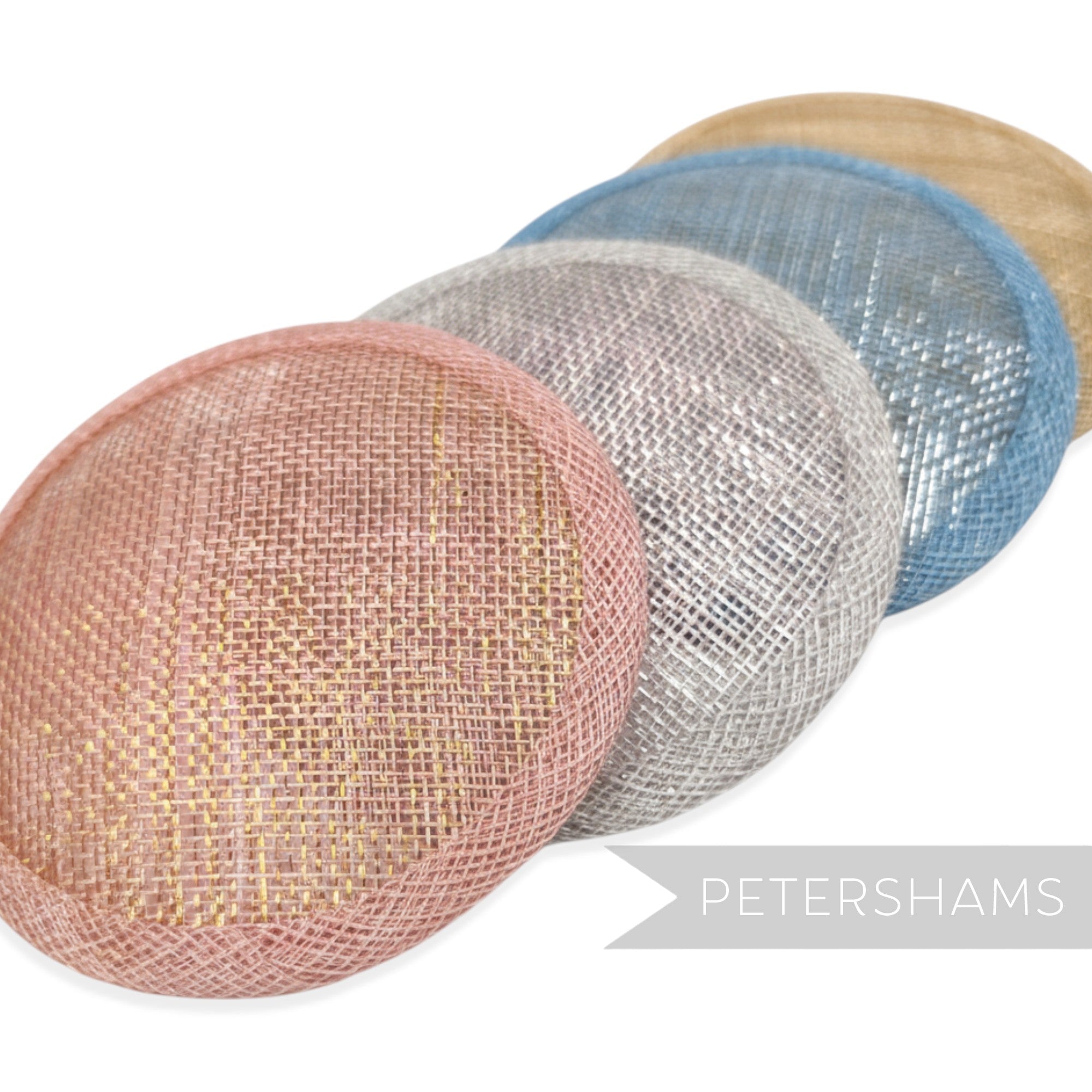 Petershams Millinery Supplies round metallic lurex sinamay fascinator bases in pink, silver, blue, and gold.