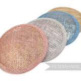 Petershams Millinery Supplies round metallic lurex sinamay fascinator bases in pink, silver, blue, and gold.