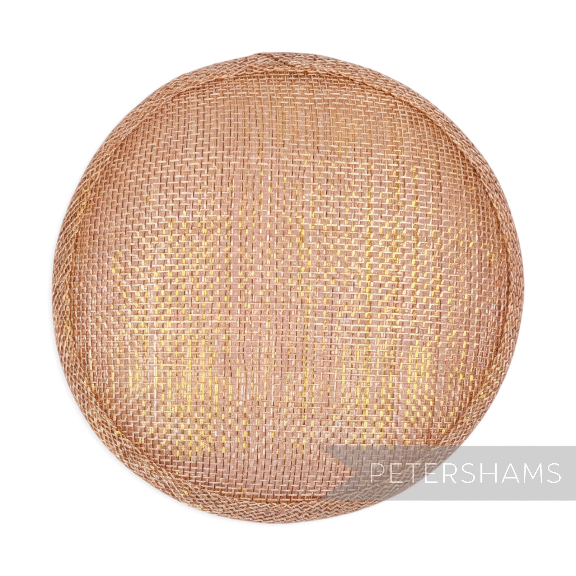 Petershams Millinery Supplies 13.5cm round metallic lurex sinamay fascinator hat base in a warm copper tone.