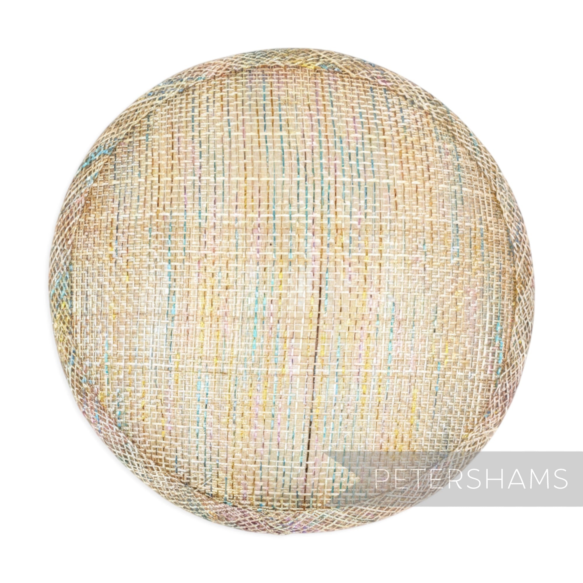 Petershams Millinery Supplies 13.5cm round metallic lurex sinamay fascinator hat base in a natural woven texture.