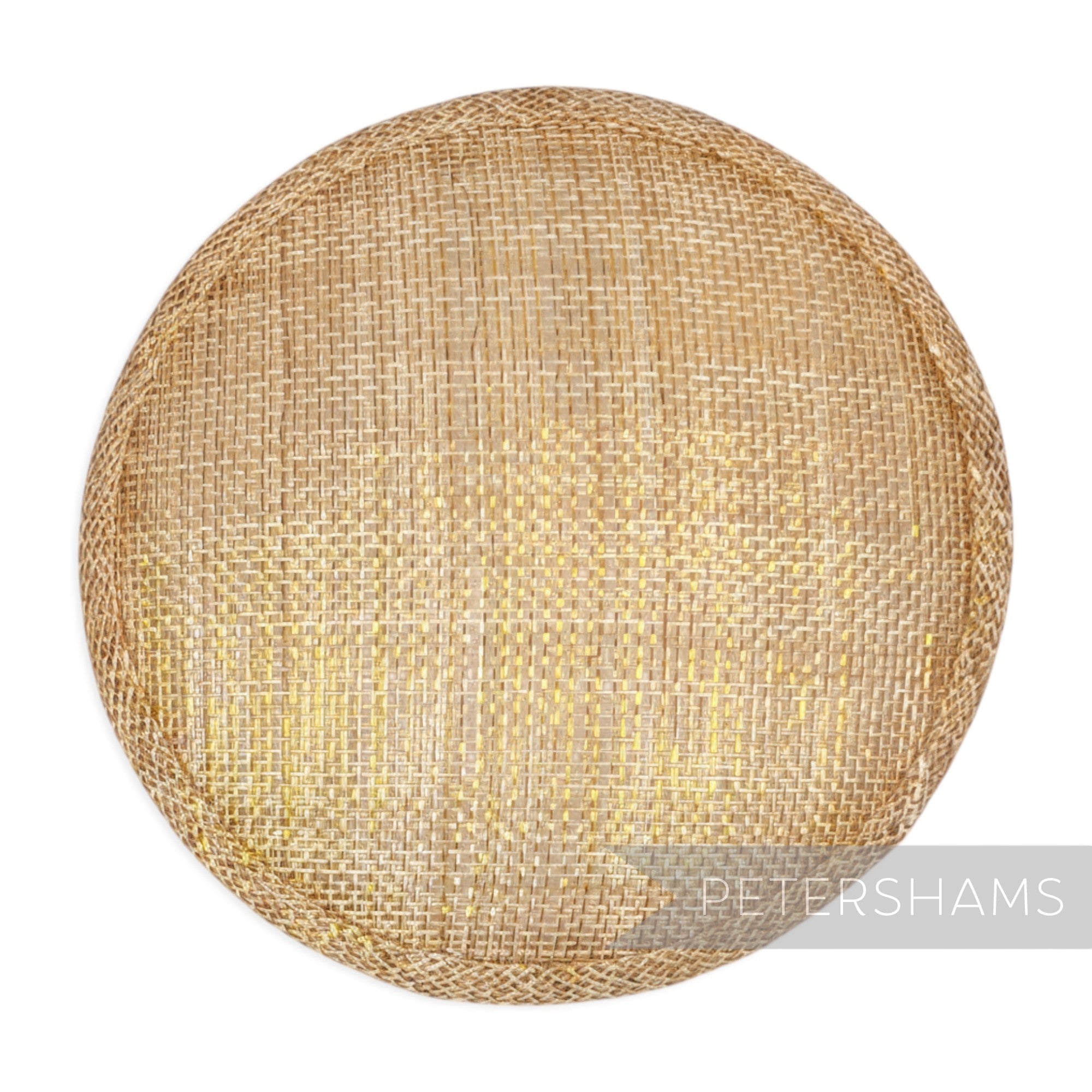 Petershams Millinery Supplies round 13.5cm metallic lurex sinamay fascinator hat base in a natural gold tone