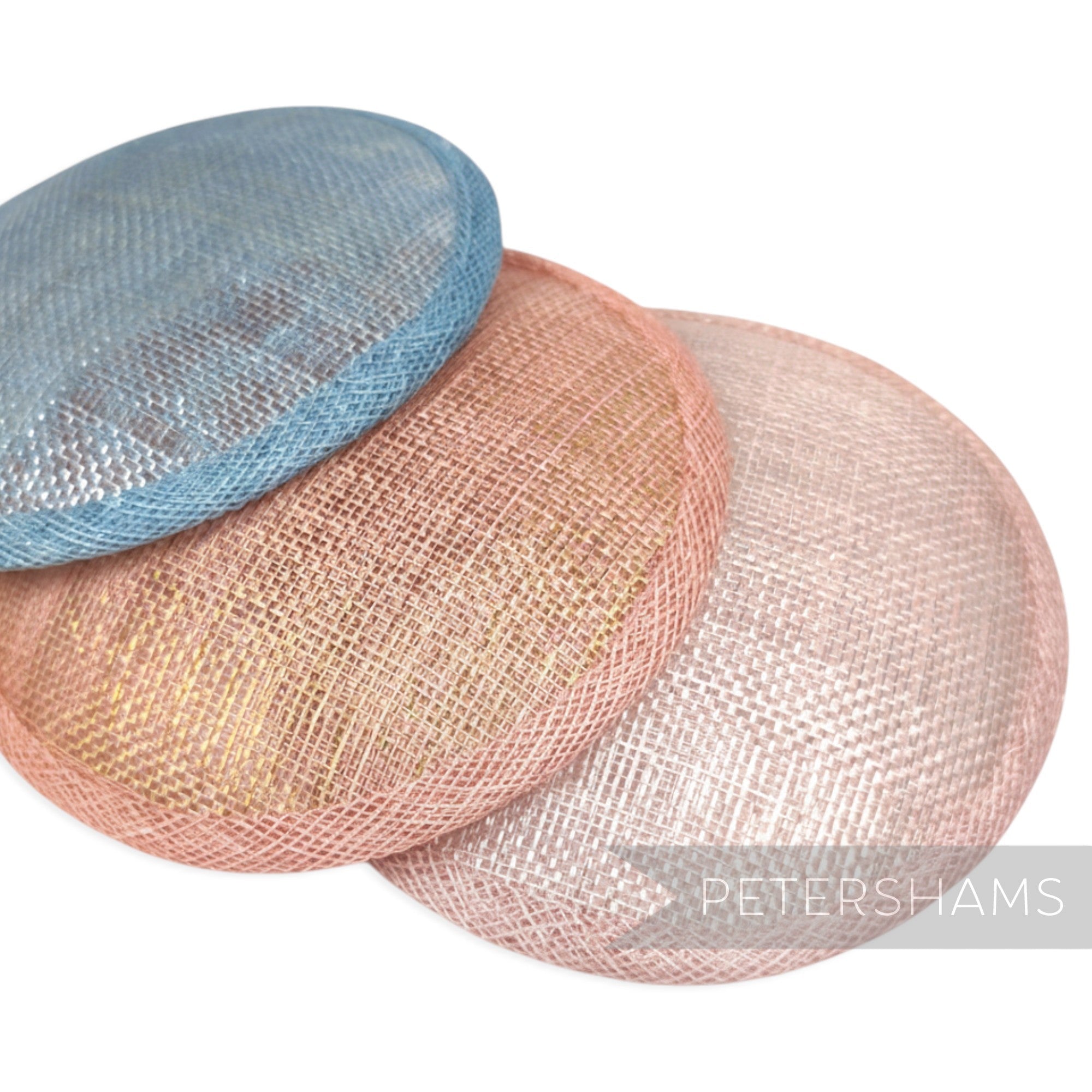 Petershams Millinery Supplies round sinamay fascinator bases in blue, peach, and pink with metallic lurex finish.