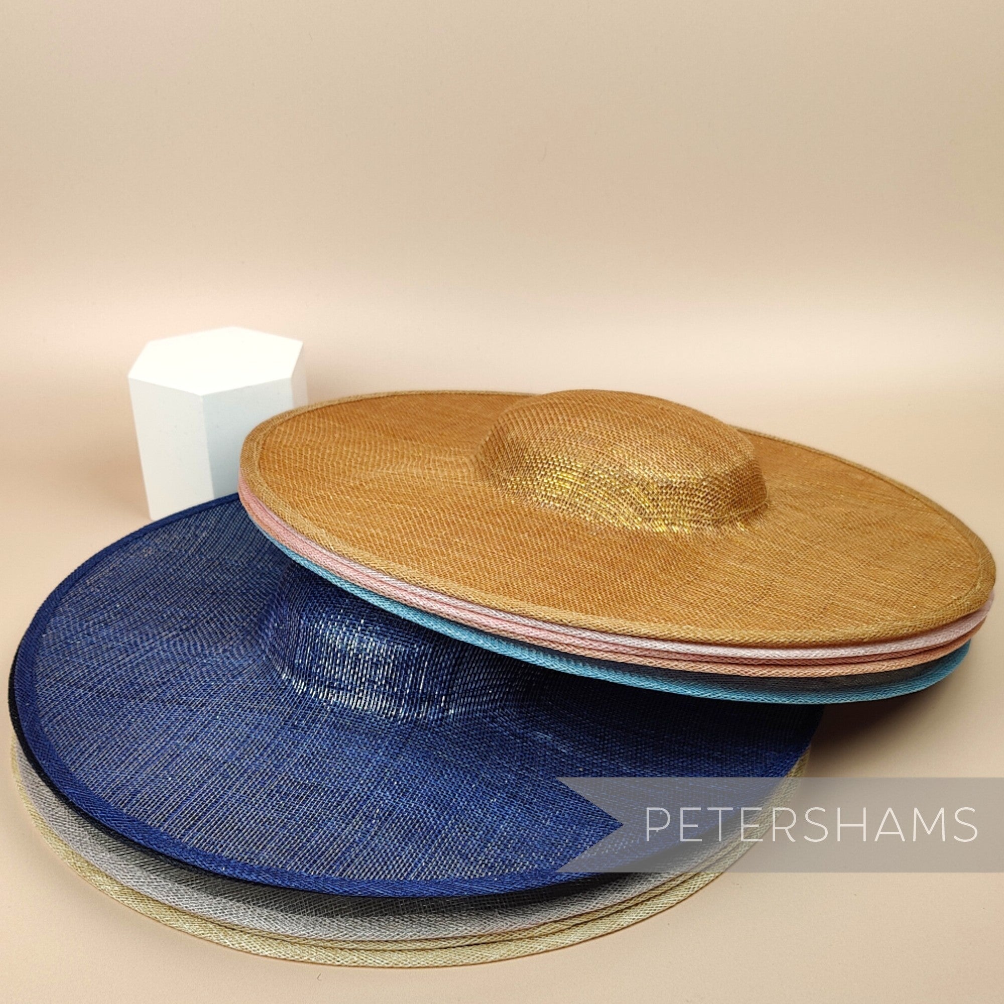 Petershams Millinery Supplies metallic lurex sinamay cartwheel fascinator hat bases in various colours