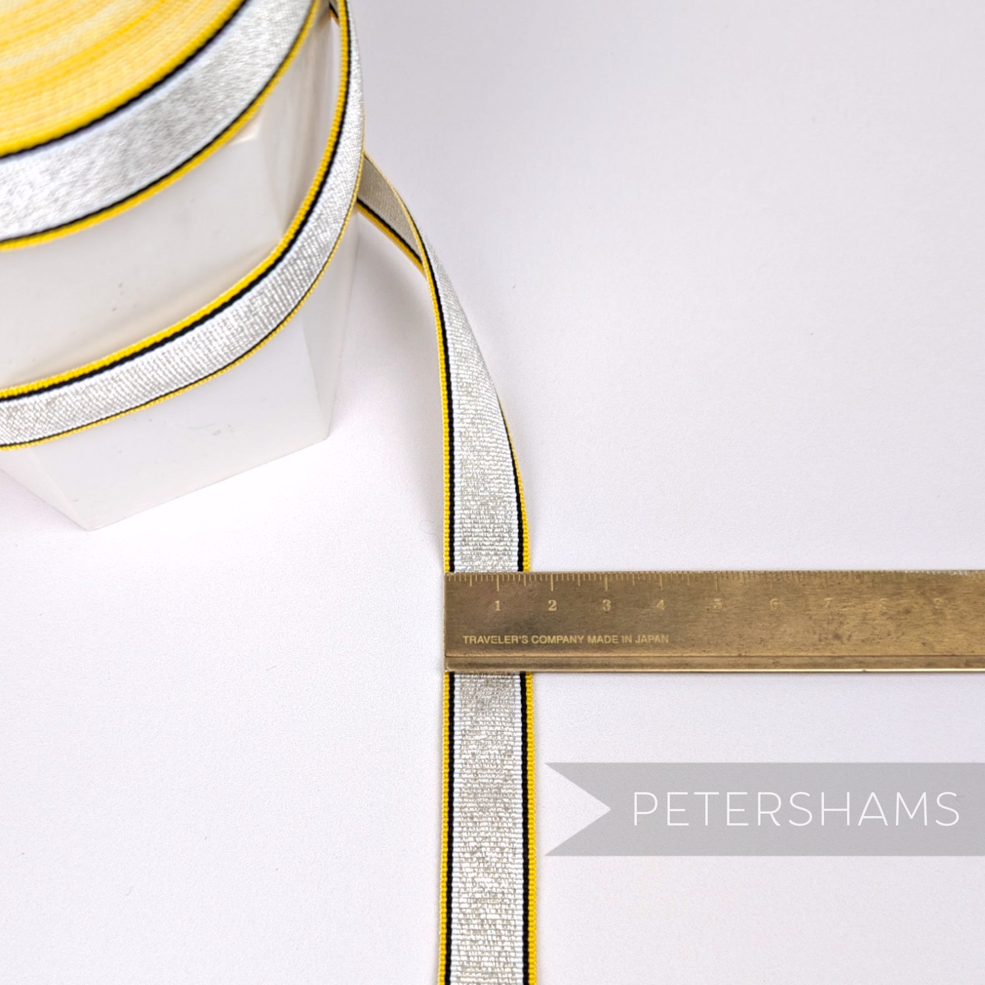 Petershams Millinery Supplies vintage 16mm silver metallic lurex and yellow striped grosgrain ribbon trim