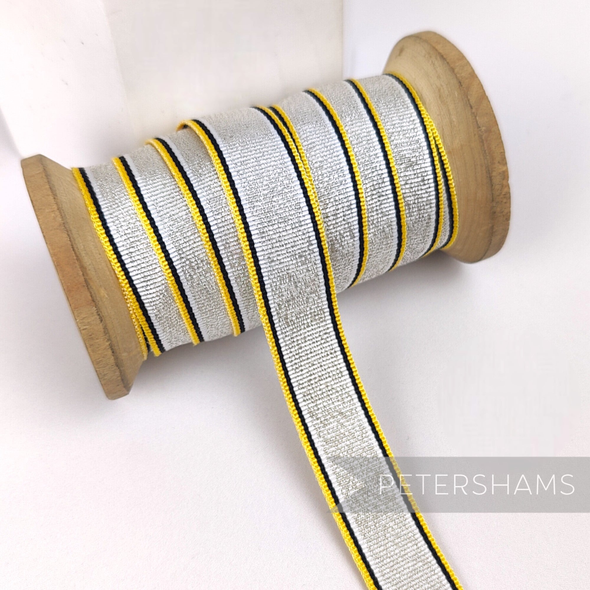 Petershams Millinery Supplies vintage 16mm silver metallic lurex grosgrain ribbon with yellow and black stripes