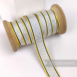 Petershams Millinery Supplies vintage 16mm silver metallic lurex grosgrain ribbon with yellow and black stripes
