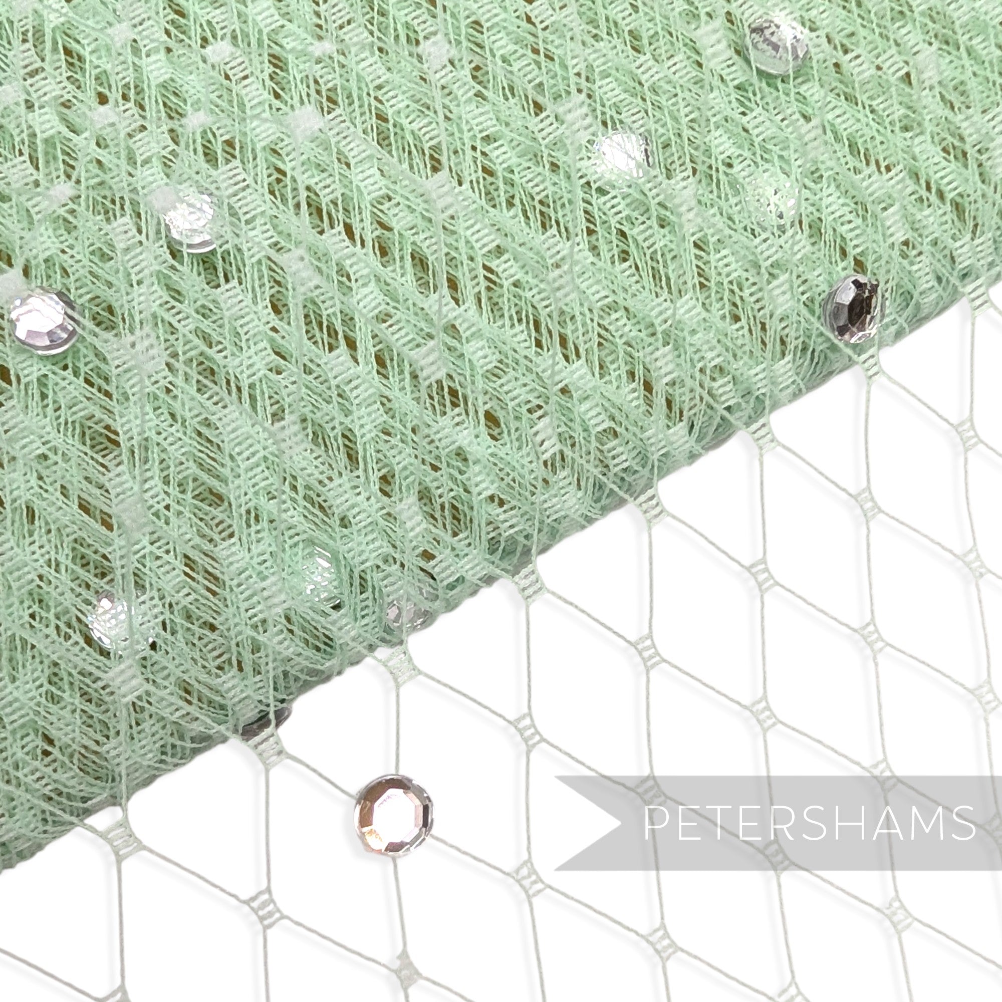 Petershams Millinery Supplies mint green diamond-patterned veiling embellished with clear acrylic diamantes