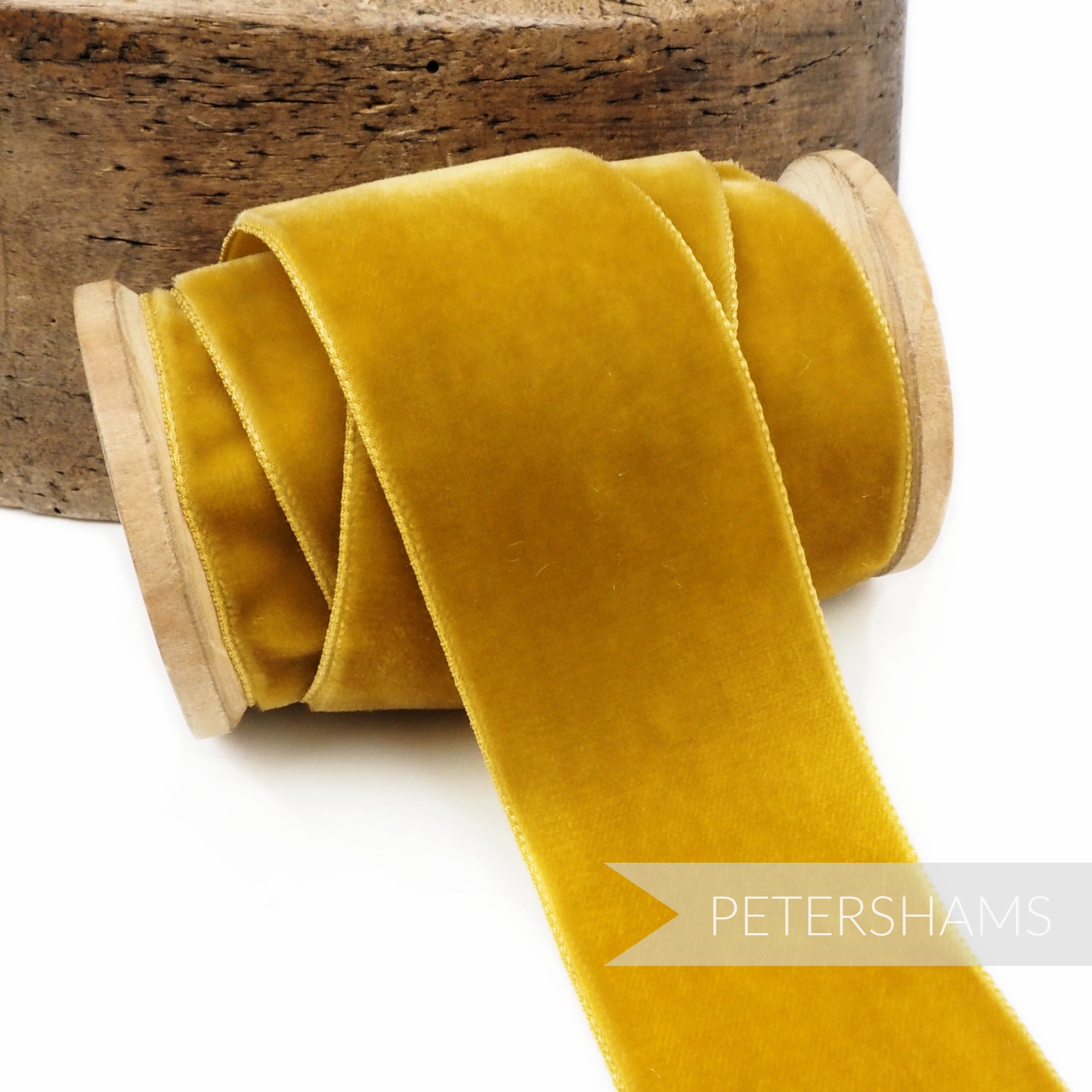 Petershams Millinery Supplies 36mm mustard dijon yellow French velvet ribbon on a wooden spool for craft and millinery