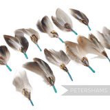 Petershams Millinery Supplies natural feather hat mounts with jade blue tape, pack of 12 for millinery and hat decor.