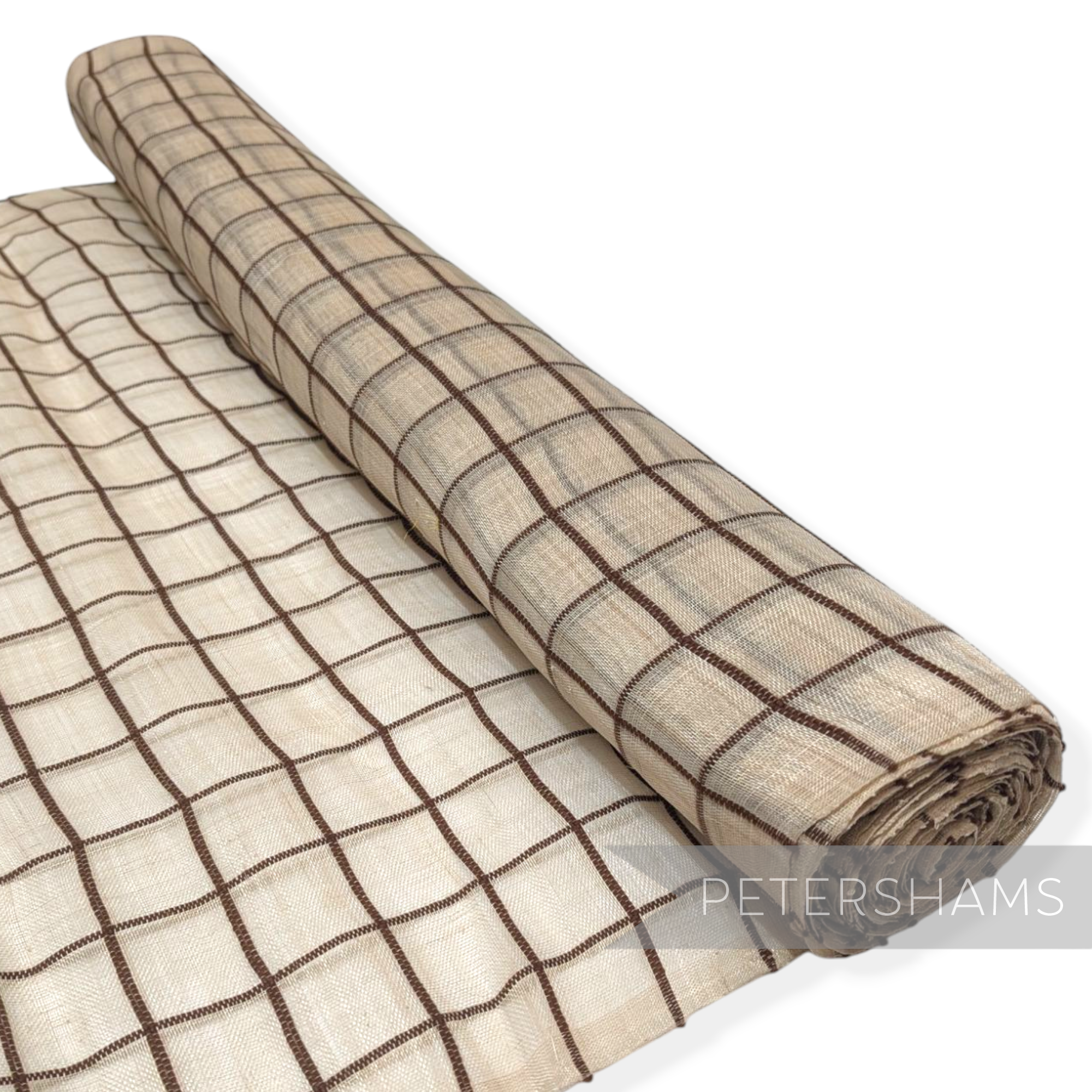 Petershams Millinery Supplies natural sinamay abaca fabric roll with a brown wool yarn square check pattern.