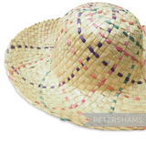 Petershams Millinery Supplies natural straw capeline hat body with woven pink, purple, and jade coloured rope details. 11-inch brim.