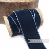 Petershams Millinery Supplies 36mm slate blue French velvet ribbon on a wooden spool with a luxurious sheen