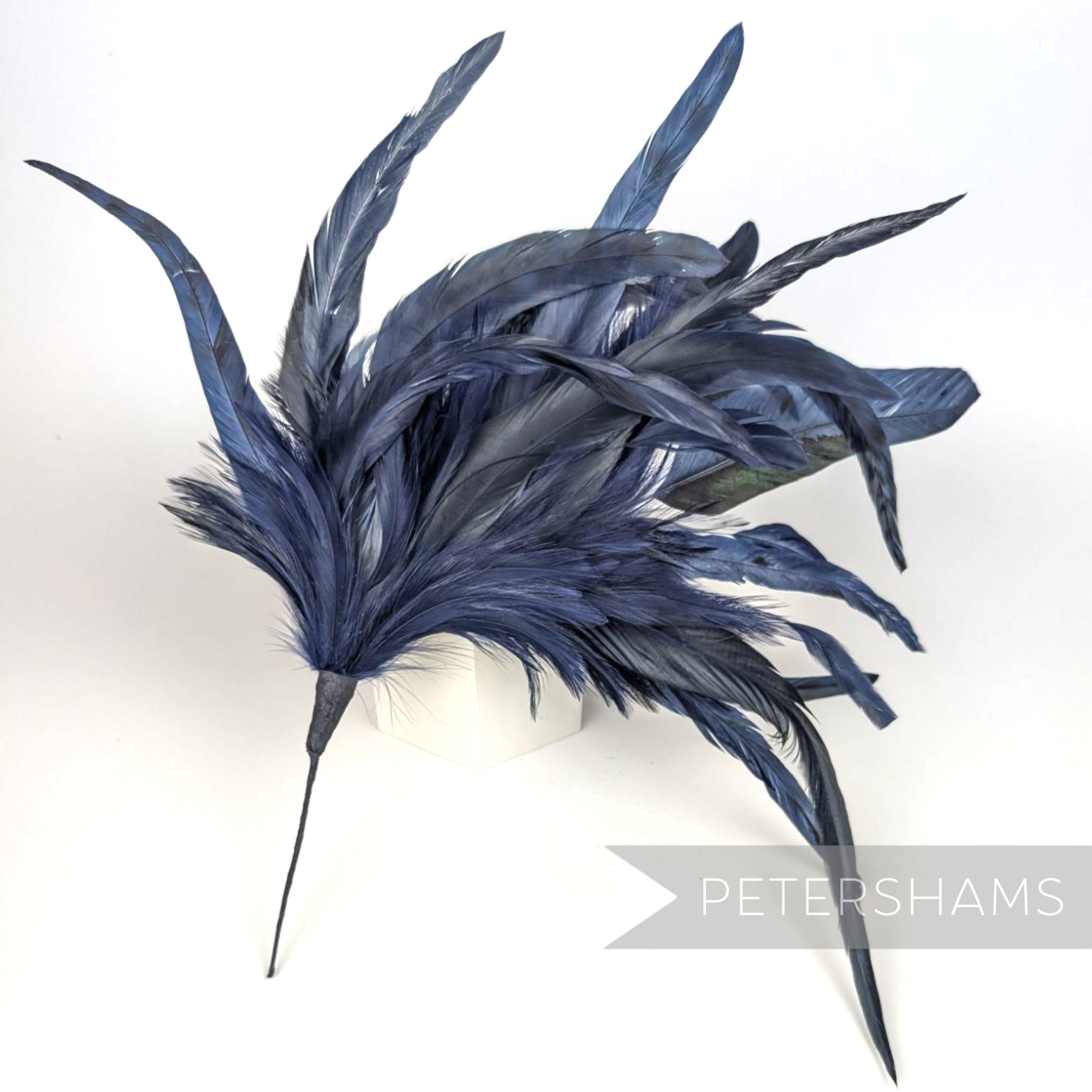 Petershams Millinery Supplies extra large navy blue chinchilla pattern coque and hackle feather hat mount on wire