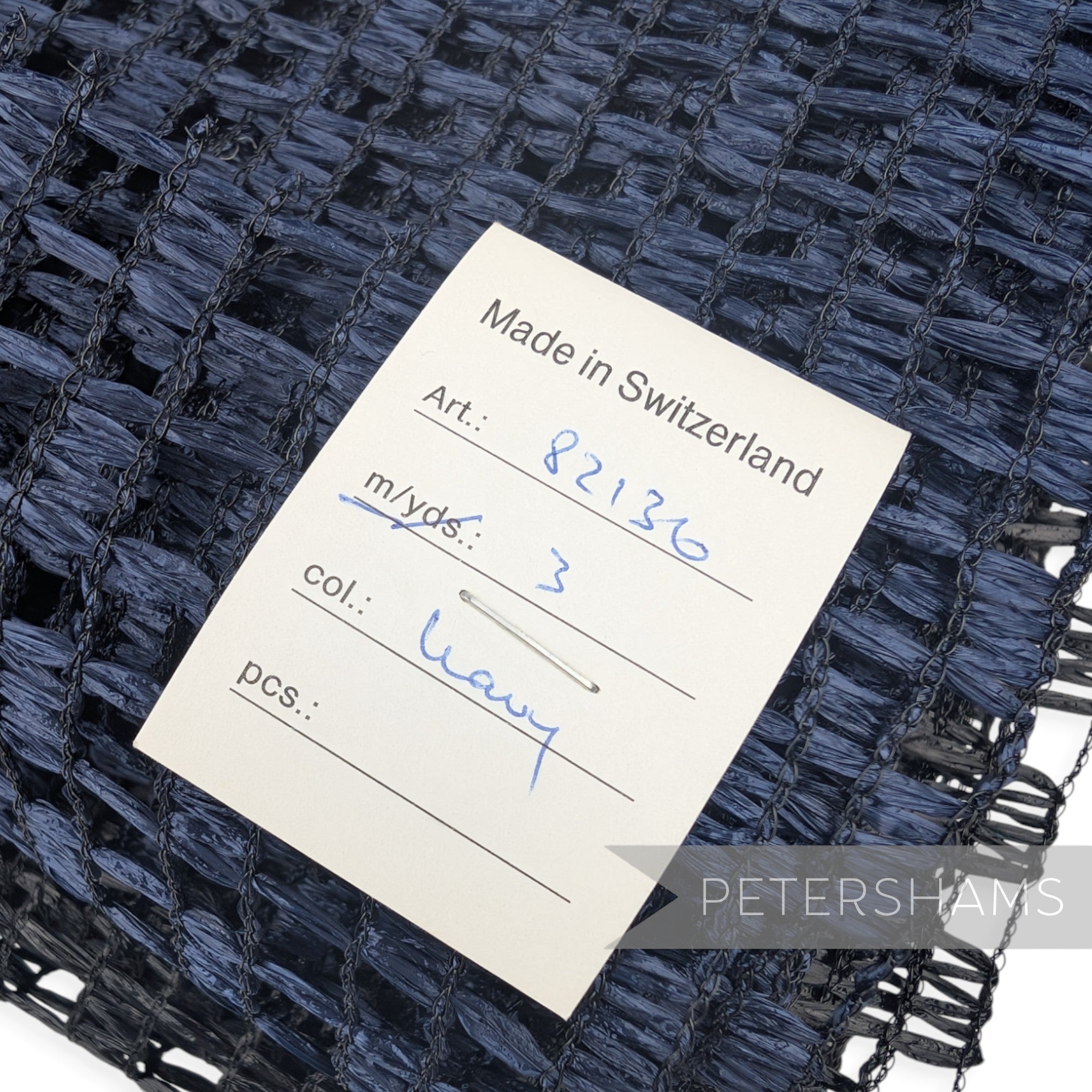 Petershams Millinery Supplies vintage navy blue laminated raffia mesh fabric with Swiss label