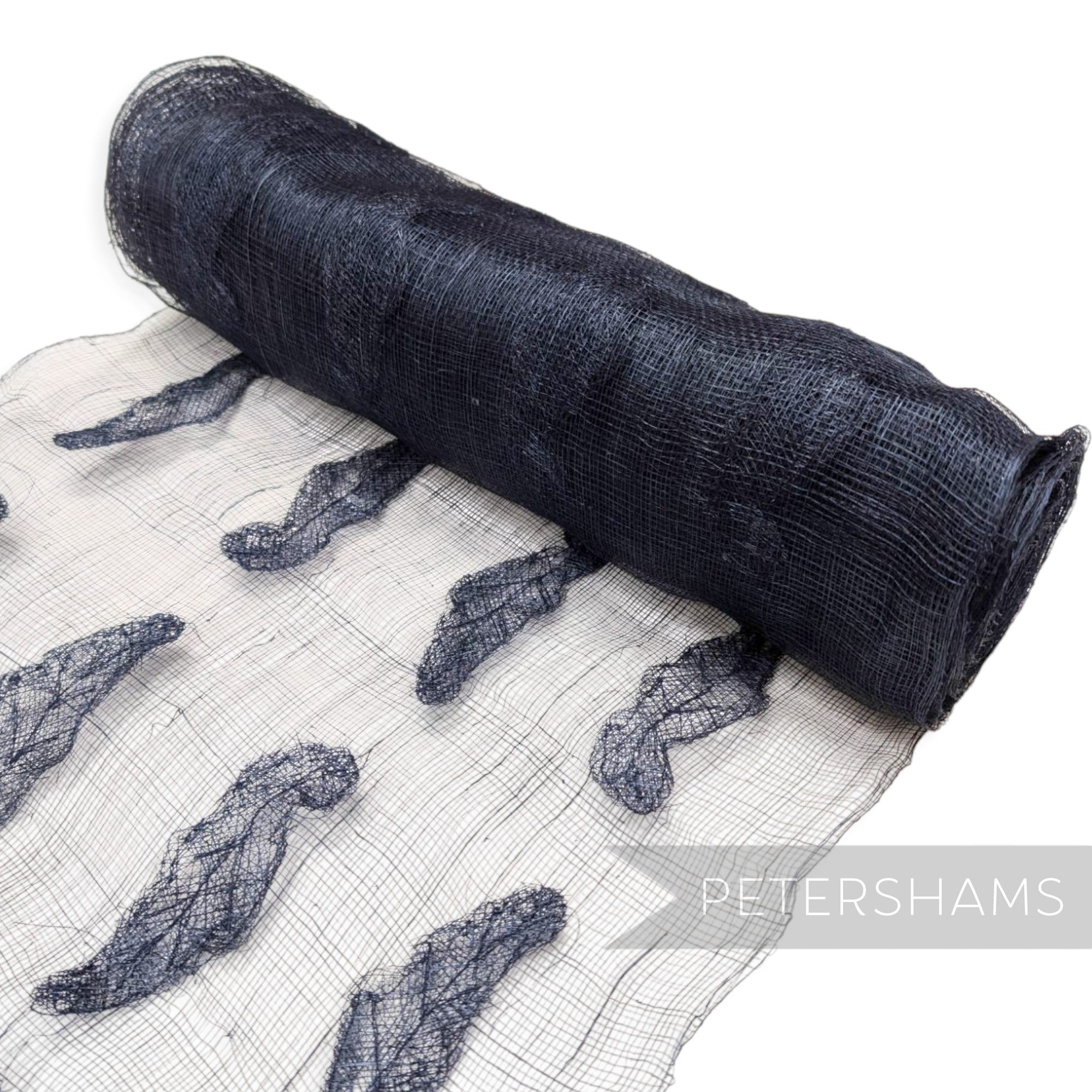 Petershams Millinery Supplies navy blue sinamay fabric roll with soft rounded leaf applique detailing