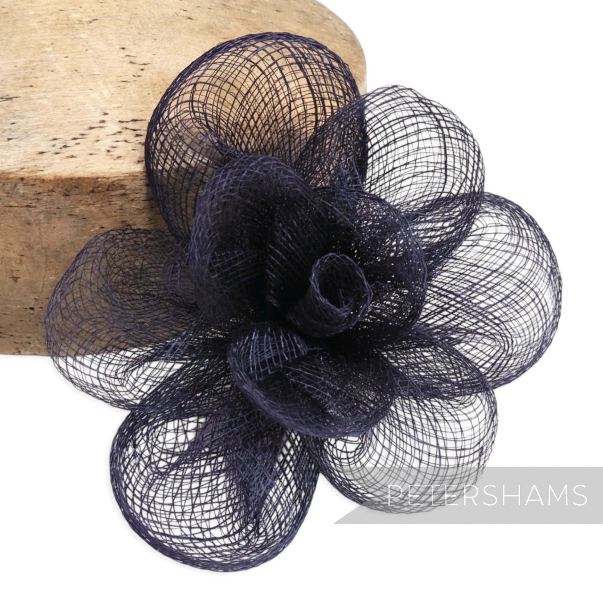 Petershams Millinery Supplies navy blue sinamay straw flower fascinator with flipped edge petals, 15cm wide.