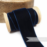 Petershams Millinery Supplies 36mm navy blue French velvet ribbon on a wooden spool for craft and millinery projects.