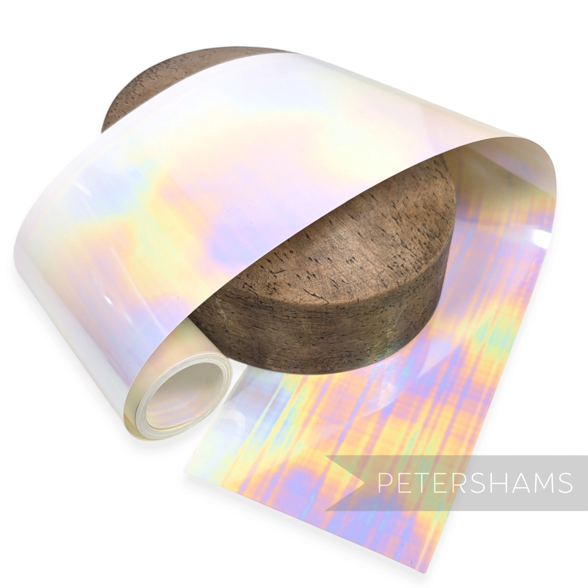 Petershams Millinery Supplies white opaque sequin film roll with a multi-colour iridescent oil slick finish.
