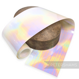 Petershams Millinery Supplies white opaque sequin film roll with a multi-colour iridescent oil slick finish.