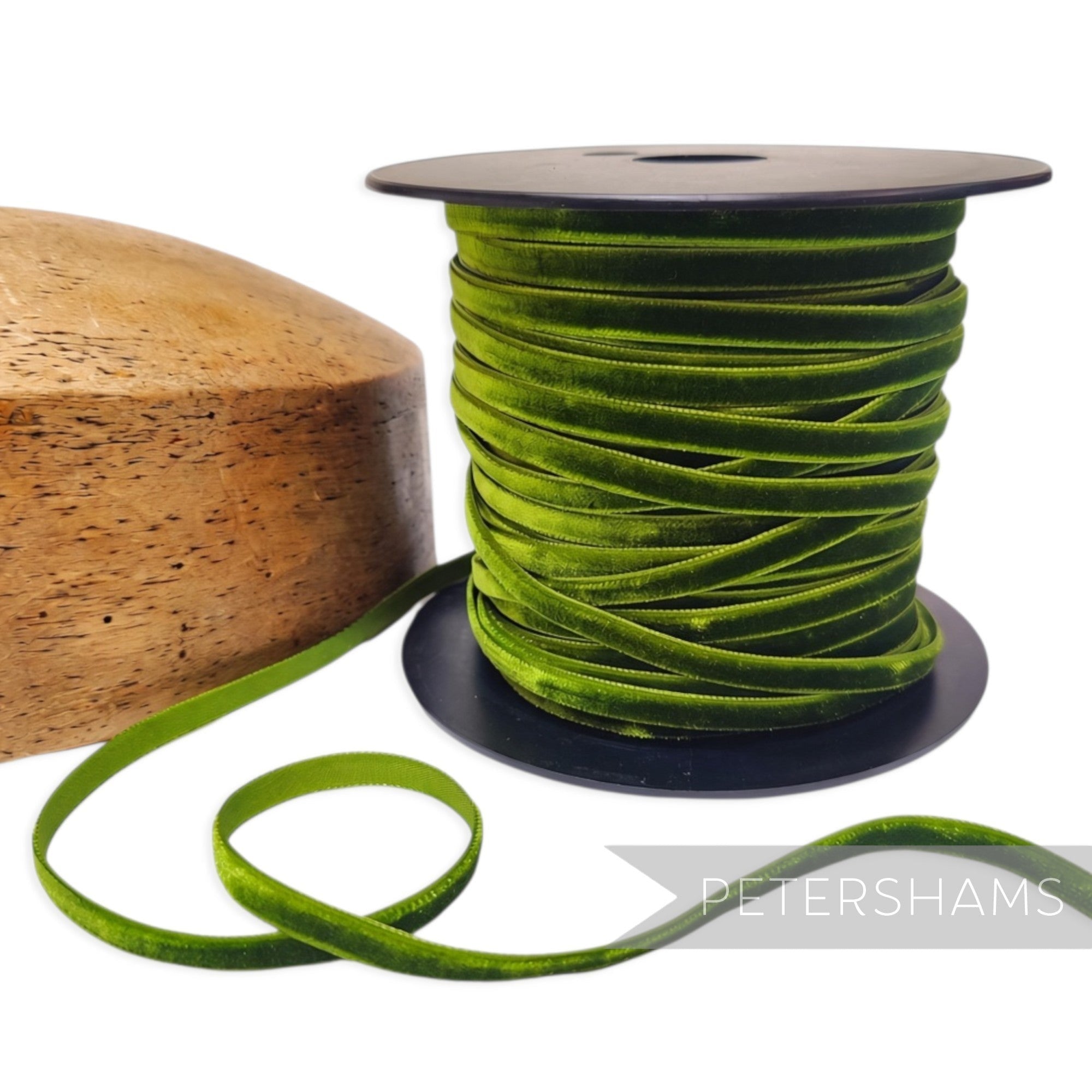 Petershams Millinery Supplies 7mm cactus green French velvet ribbon on a spool