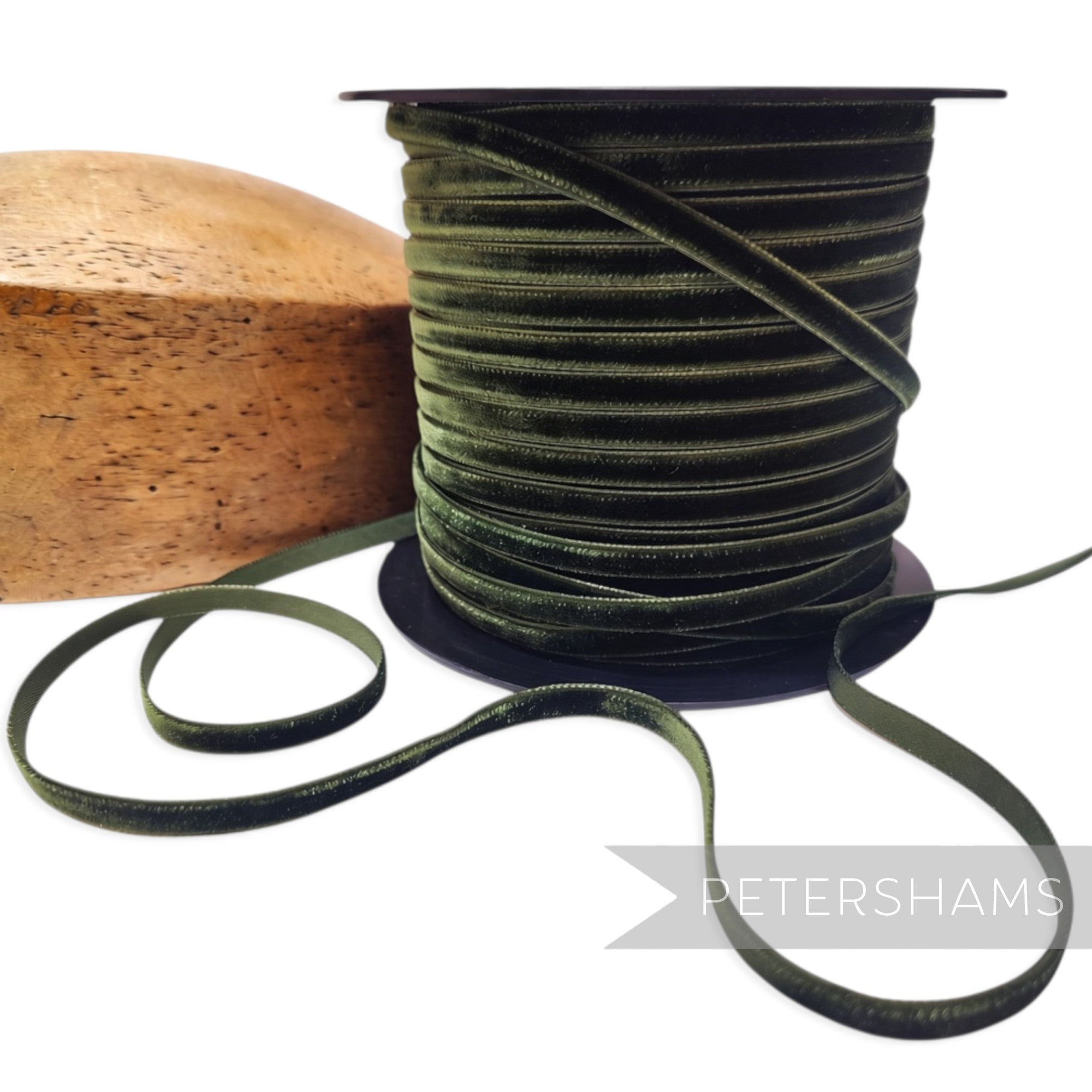 Petershams Millinery Supplies 7mm deep moss green French velvet ribbon on a spool